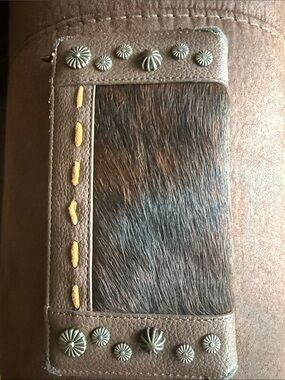 Leather & Hair-on Hide Wallet with Concho Stud Accents - Brown
